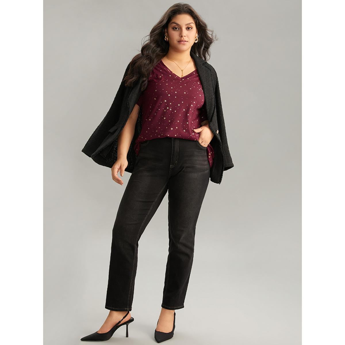 Plus Size Star Polka Dot V Neck T-shirt Burgundy Women Elegant Contrast Moon and Star V-neck Dailywear T-shirts BloomChic 28/5X Product Image