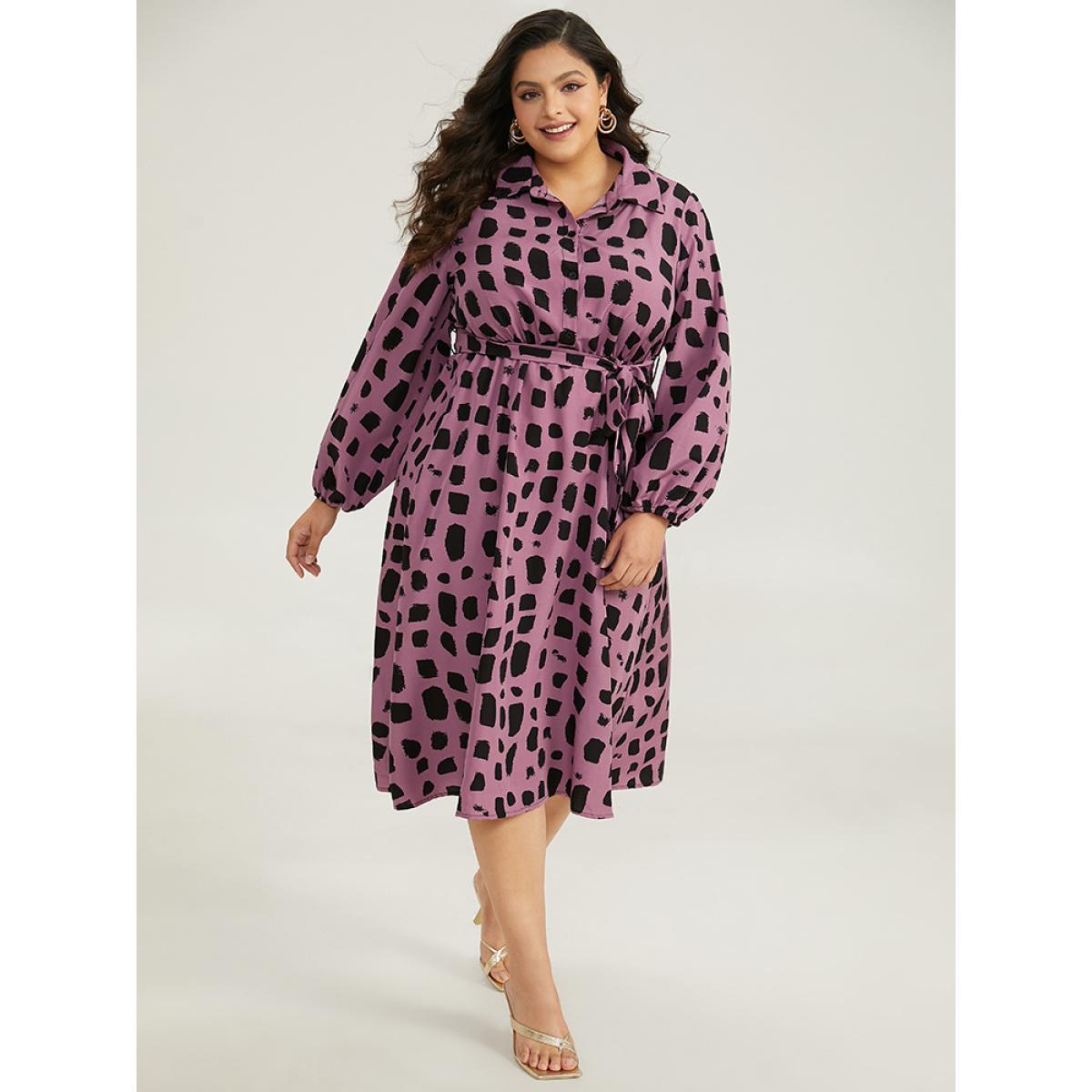 Plus Size Shirt Collar Brush Print Belted Dress Mauve Women Office Belted Shirt collar Long Sleeve Curvy Midi Dress BloomChic 18-20/2X Product Image