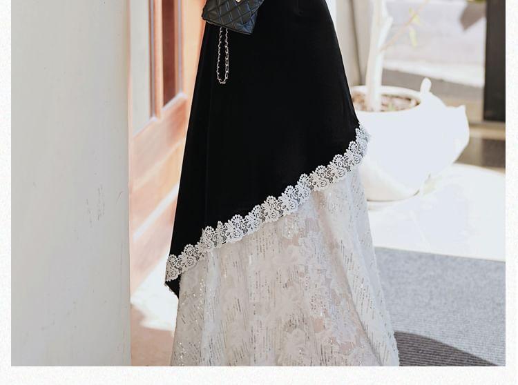 Long Sleeve Stand Collar Plain Lace Trim Midi A-Line Dress Product Image