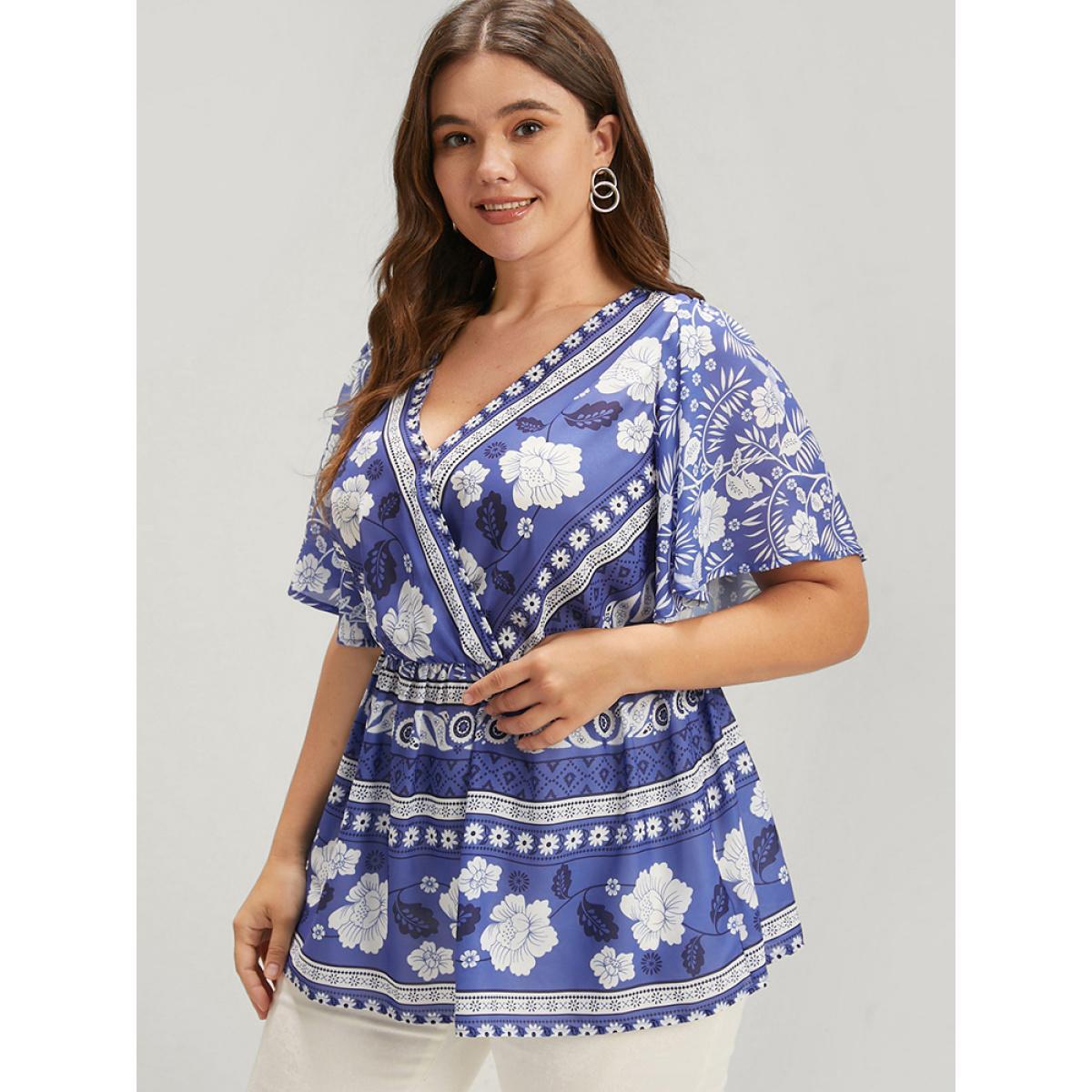 Plus Size Blue Bandana Ruffles Elastic Waist Wrap Blouse Women Vacation Short sleeve V-neck Dailywear Blouses BloomChic 30/6X Product Image