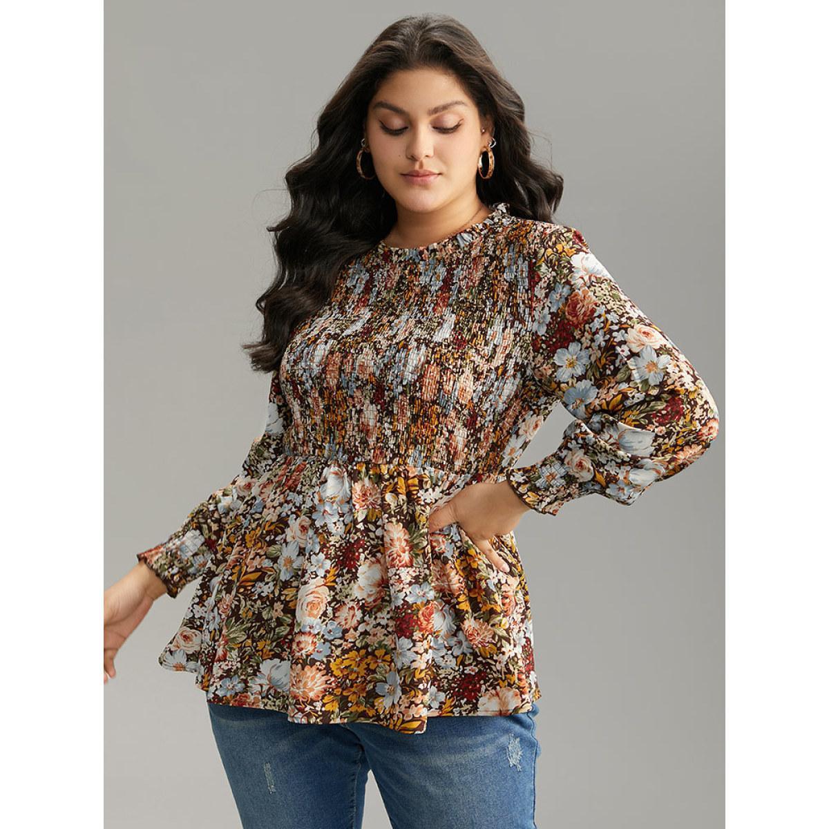 Plus Size DarkBrown Floral Shirred Frill Trim Stand Collar Blouse Women Elegant Long Sleeve Stand-up collar Dailywear Blouses BloomChic 12/L Product Image