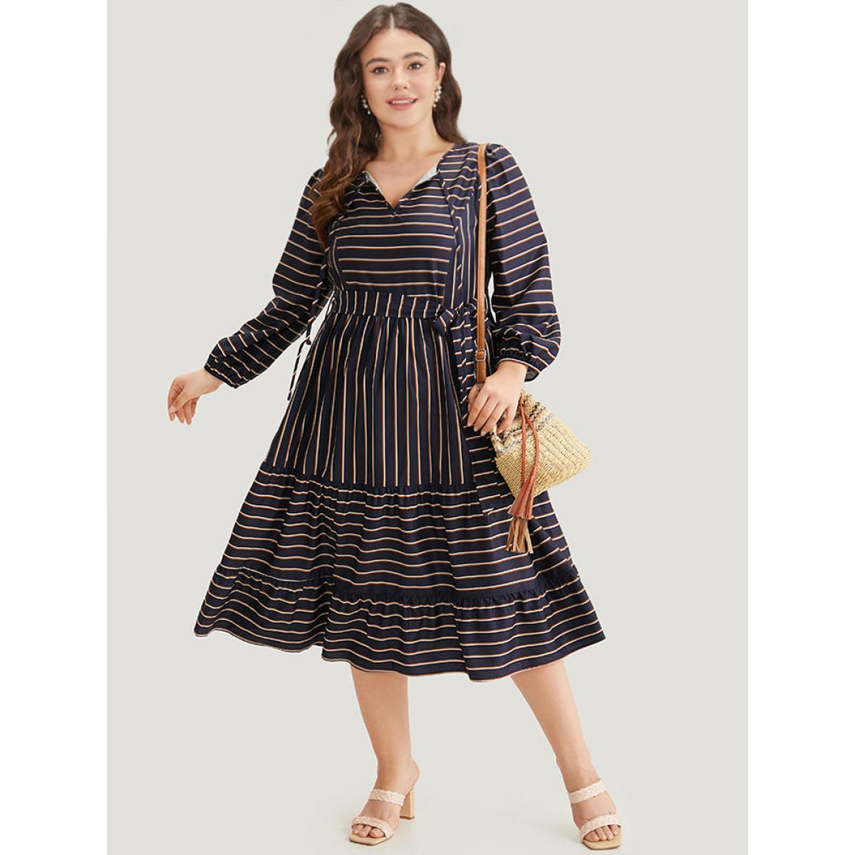 Plus Size Striped Tie Neck Pocket Ties Dress Indigo Women Vacation Elastic cuffs Tie Neck Long Sleeve Curvy Midi Dress BloomChic 18-20/2X Product Image