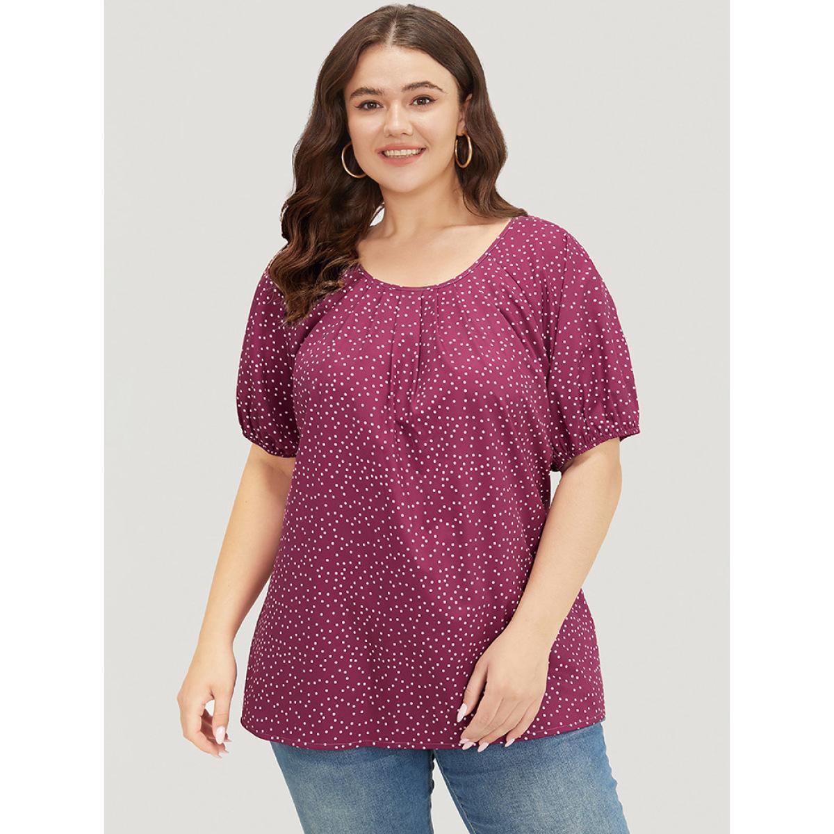 Plus Size RedViolet Polka Dot Pleated Round Neck Puff Sleeve Blouse Women Office Short sleeve Round Neck Work Blouses BloomChic 26/4X Product Image