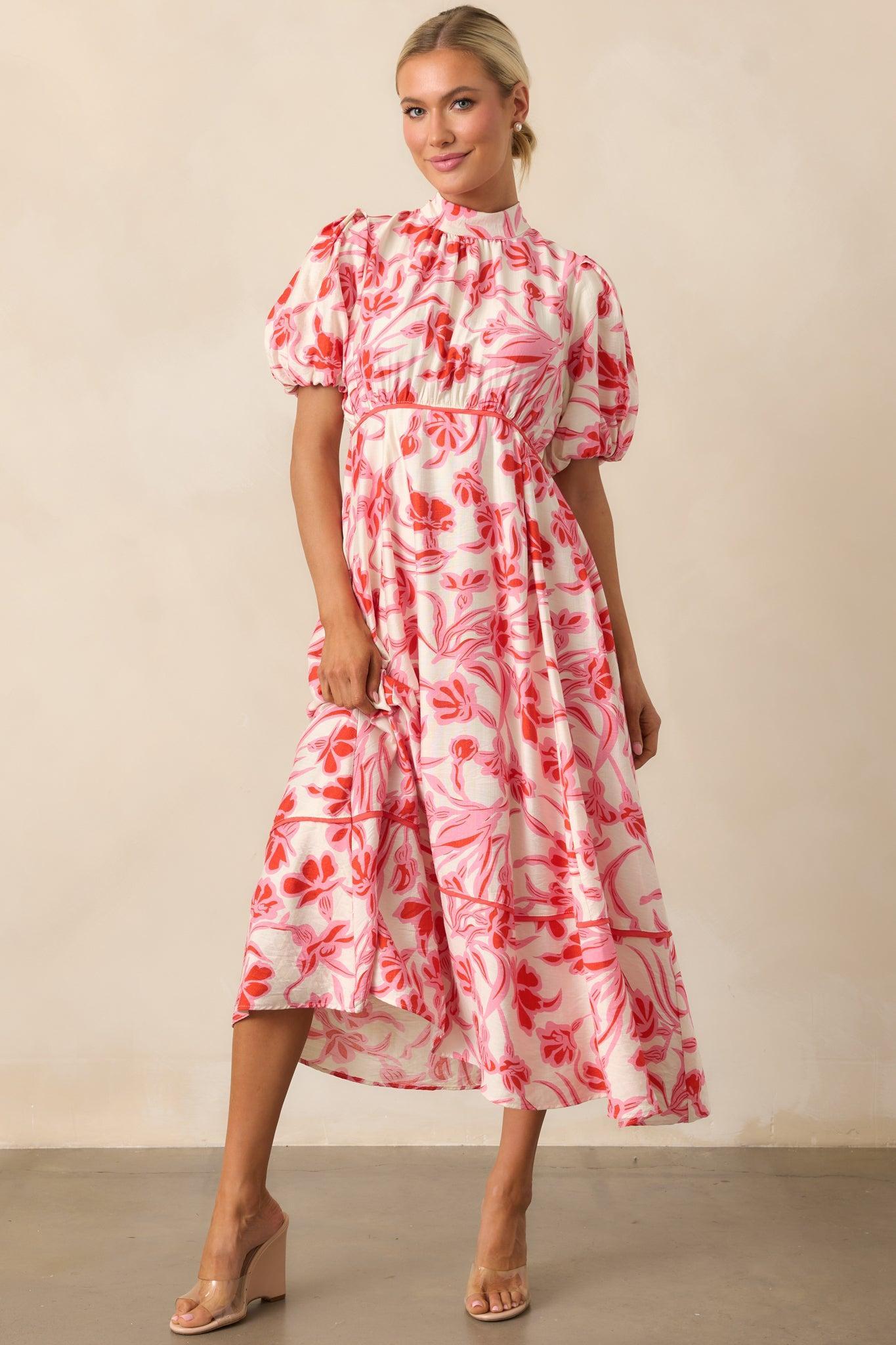 Blooming Season Pink Floral Puff Sleeve Midi Dress Product Image