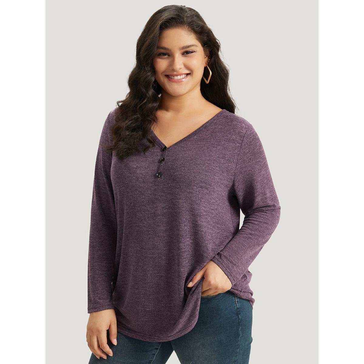 Plus Size Heather Button Up Long Sleeve T-shirt Purple Women Casual Heather Plain V-neck Everyday T-shirts BloomChic 26/4X Product Image