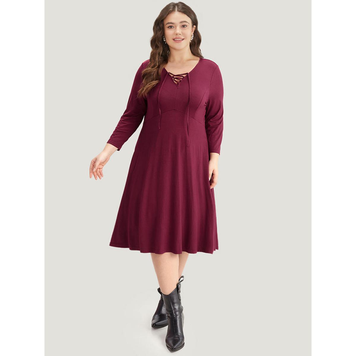 Plus Size Supersoft Essentials Solid Lace Up Ruffle Hem Dress Burgundy Women Casual Plain Tie Neck Elbow-length sleeve Curvy Midi Dress BloomChic 18-20/2X Product Image