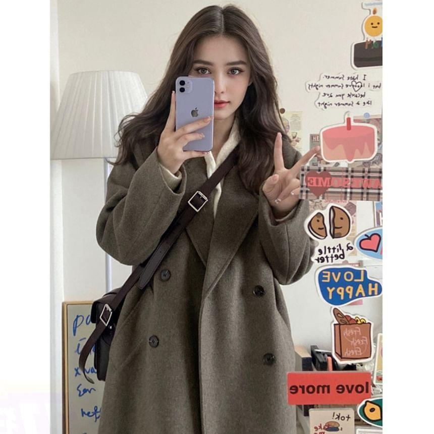 Lapel Collar Plain Double-Breasted Long Coat Product Image