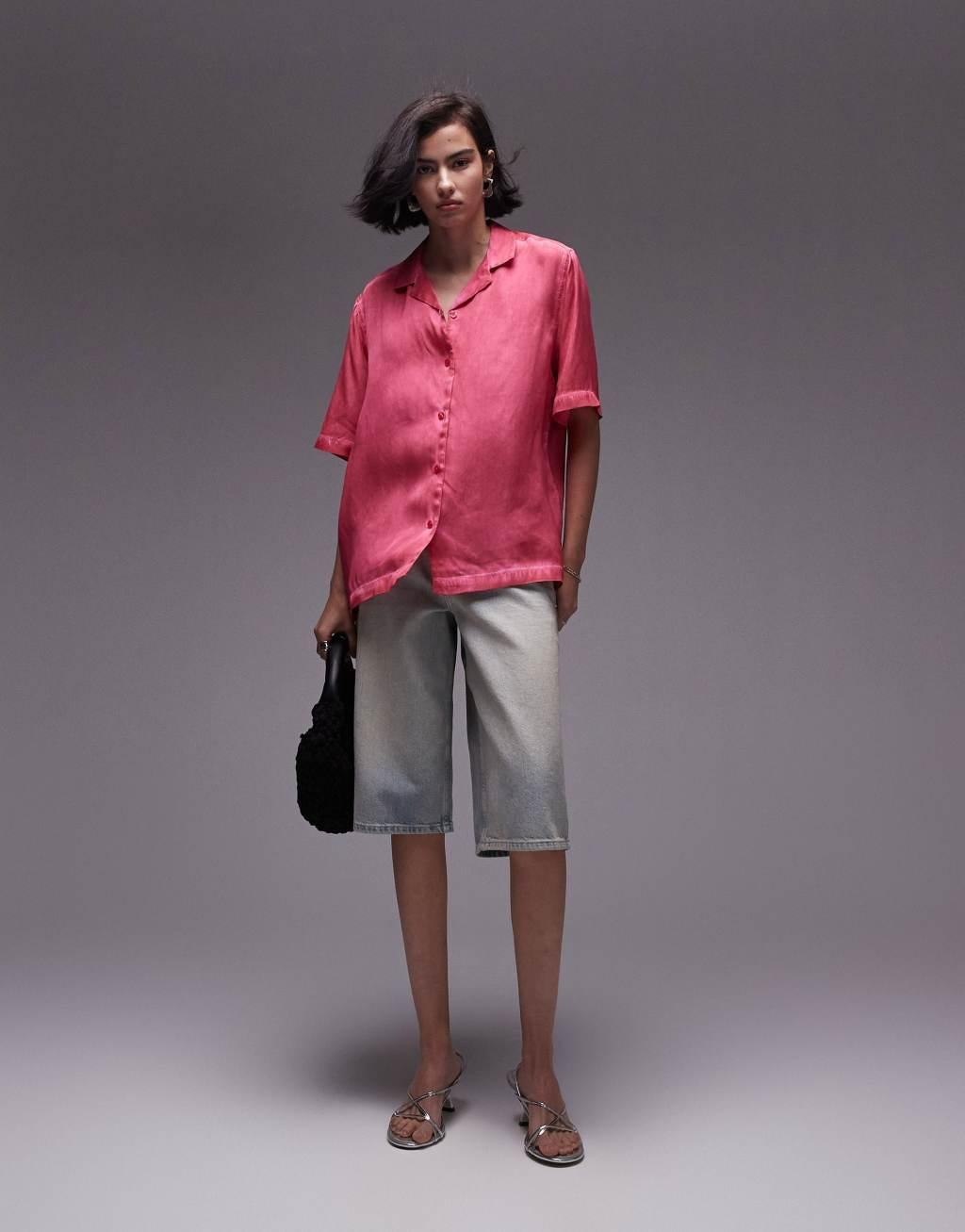 Topshop short sleeve satin shirt in pink - part of a set  Product Image