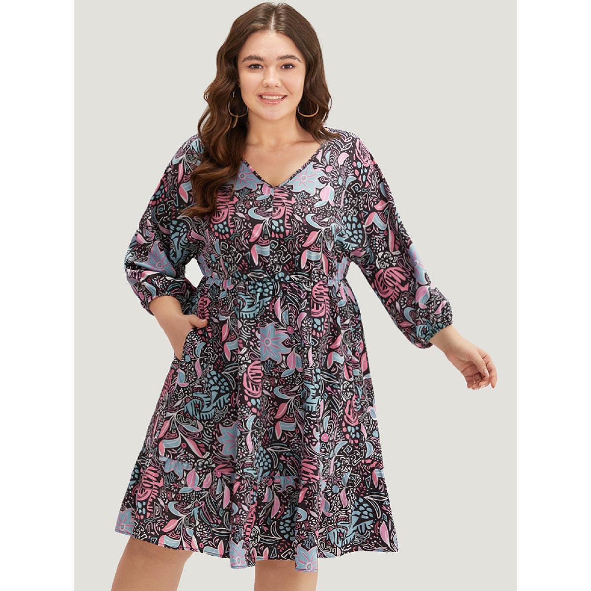 Plus Size Floral Print Lantern Sleeve Elastic Waist Dress Multicolor Women Vacation Elastic cuffs V-neck Elbow-length sleeve Curvy Midi Dress BloomChic 26/4X Product Image