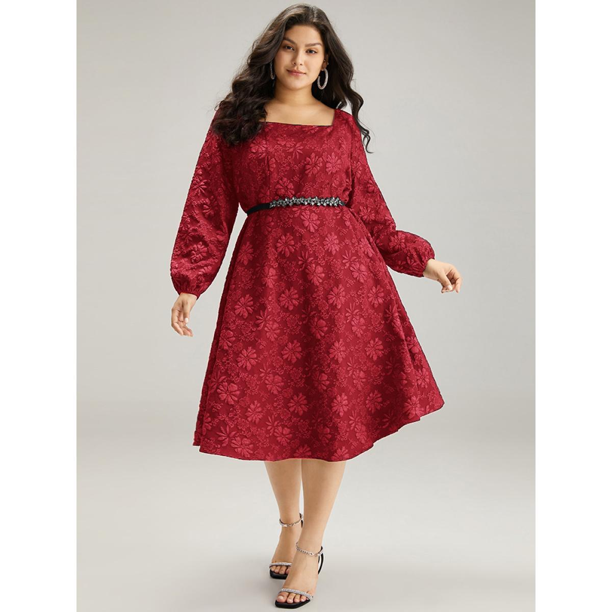 Plus Size Floral Print Plisse Pocket Lantern Sleeve Dress Raspberry Women Cocktail Elastic cuffs Square Neck Long Sleeve Curvy Midi Dress BloomChic 22-24/3X Product Image