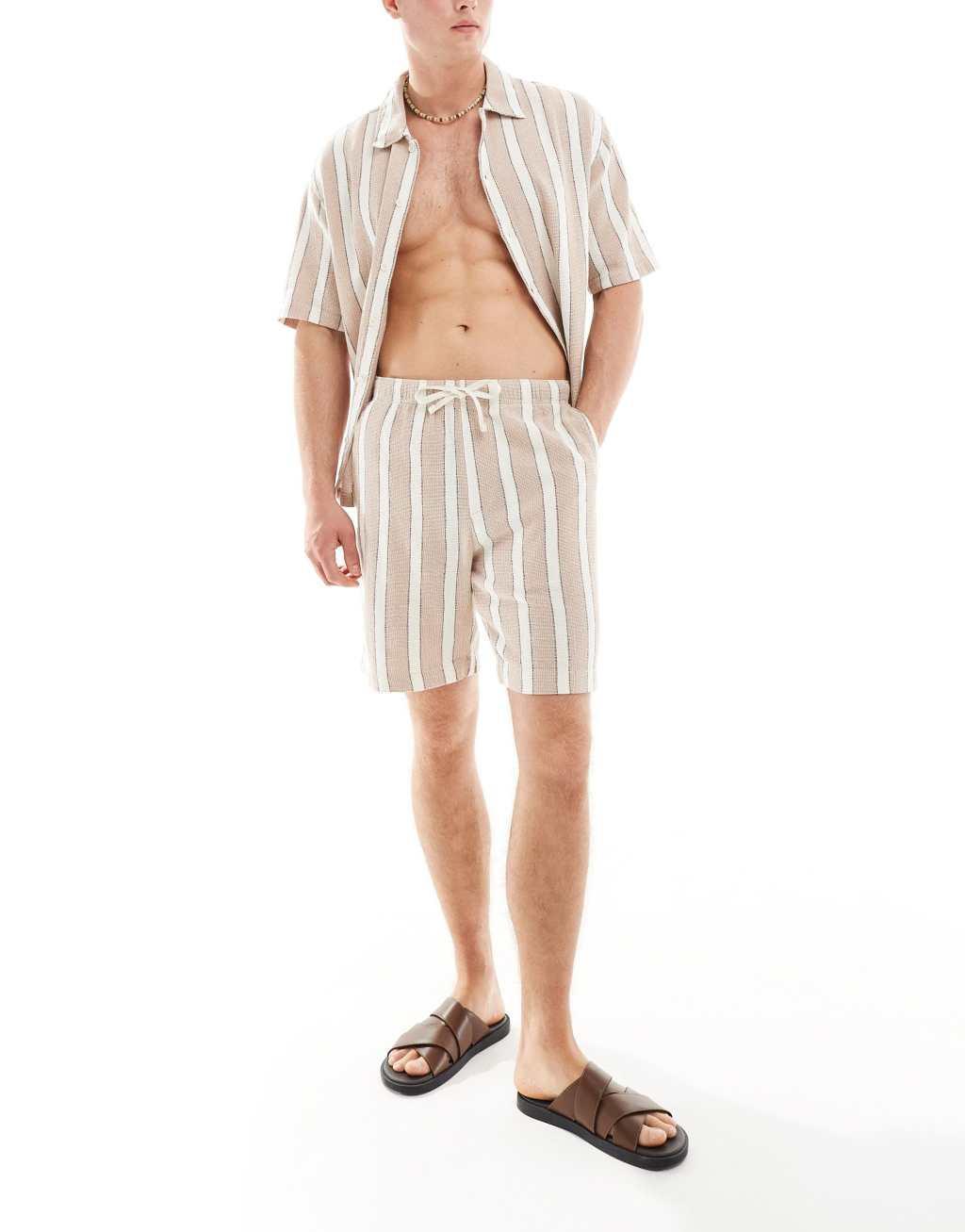 Bershka textured striped shorts in sand - part of a set Product Image