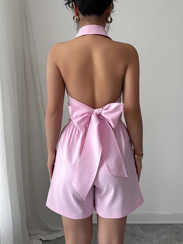 Sleeveless Backless Buttoned Solid Color Tied Notched Collar Vest Top + Elasticity Pockets Shorts Bottom Two Pieces Set Product Image