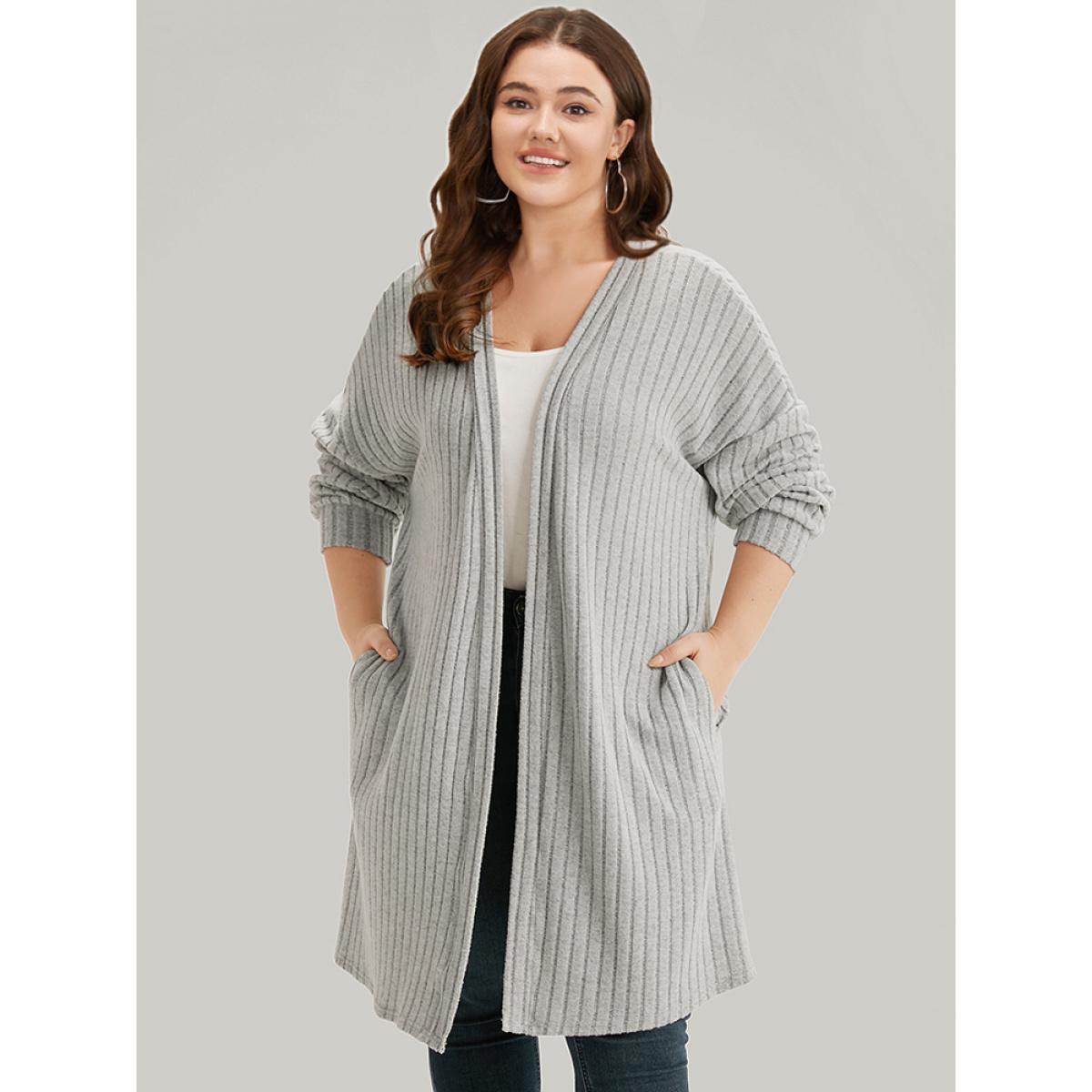 Plus Size Plain Pocket Texture Open Front Kimono Women Gray Casual Texture Pocket Dailywear Kimonos BloomChic 12/L Product Image