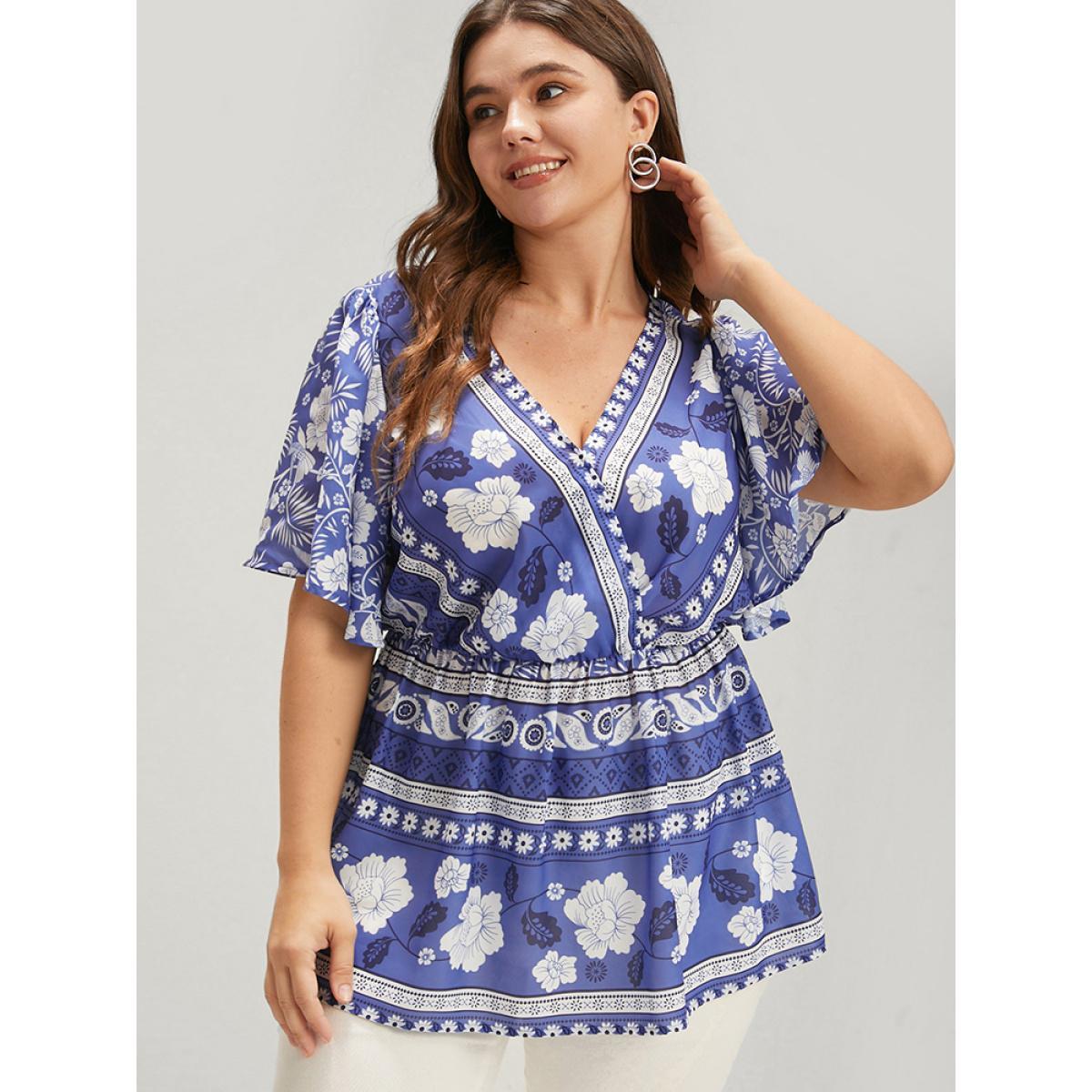 Plus Size Blue Bandana Ruffles Elastic Waist Wrap Blouse Women Vacation Short sleeve V-neck Dailywear Blouses BloomChic 30/6X Product Image