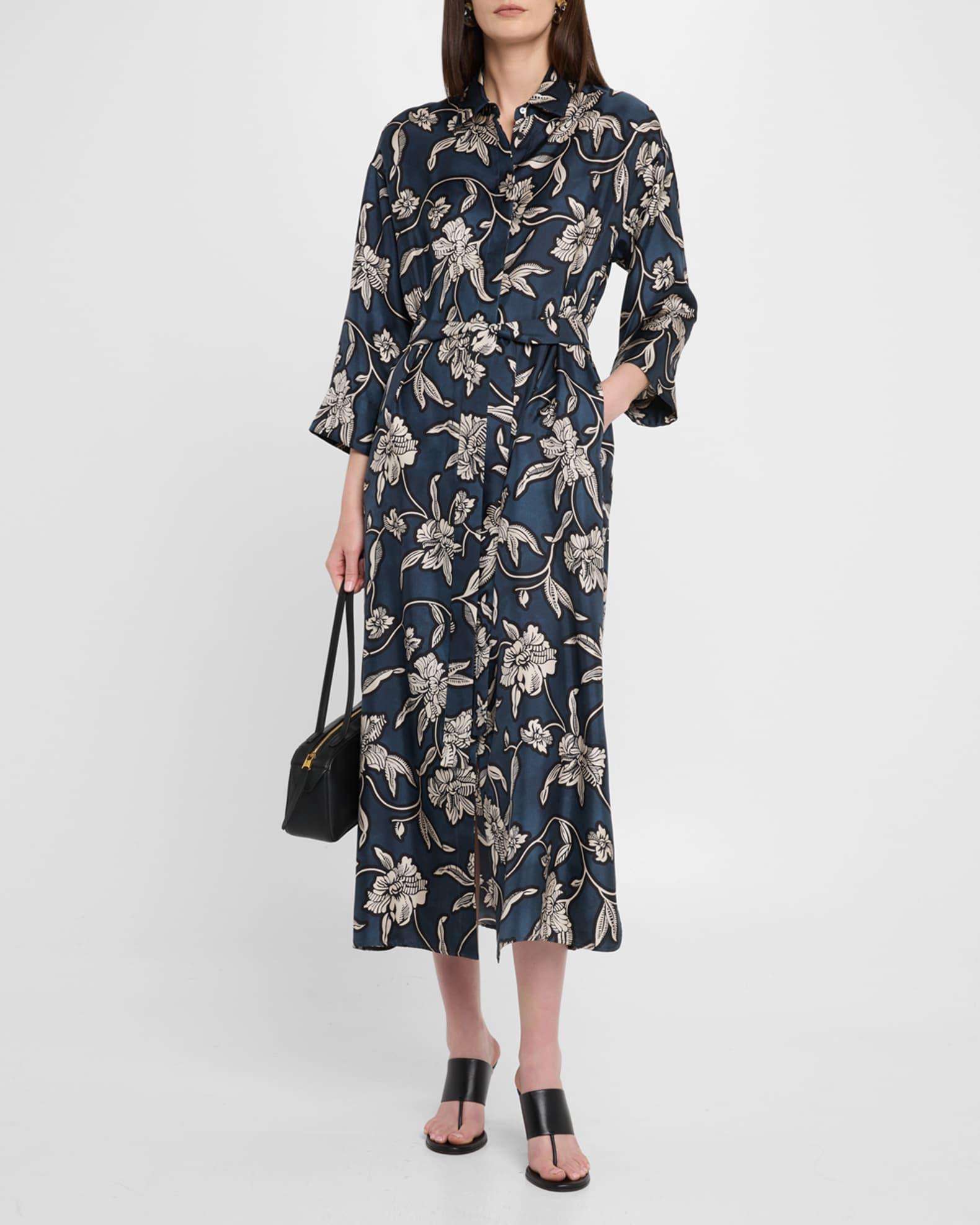 Peonia Floral Silk Belted Midi Shirtdress Product Image