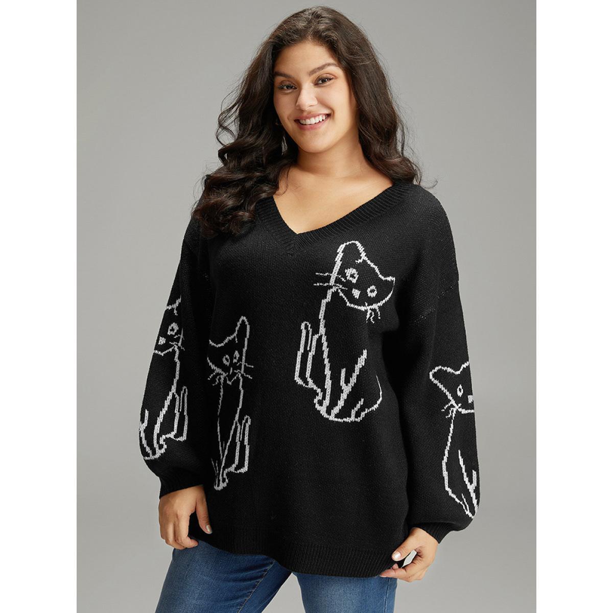 Plus Size Supersoft Essentials Cat Print V Neck Pullover Black Women Casual Long Sleeve V-neck Dailywear Pullovers BloomChic 14-16/1X Product Image
