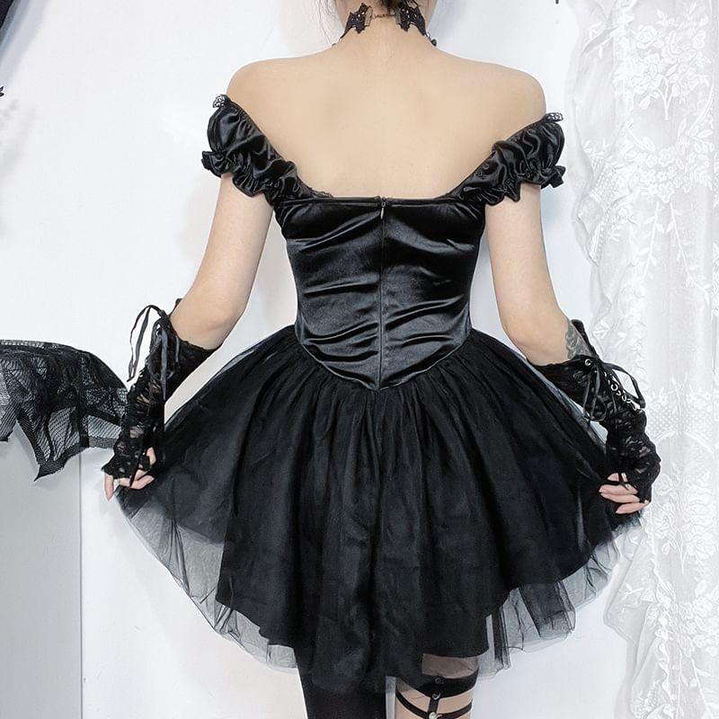 Off Shoulder Corset Waist Sheer Mini A-Line Dress Product Image
