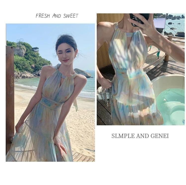 Halter Neck Sleeveless Tie Dye Midi A-Line Dress Product Image