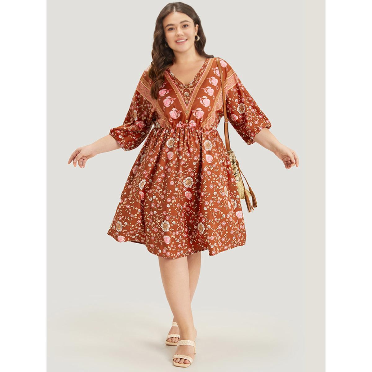 Plus Size Floral Print Elastic Cuffs Button Detail Dress Rust Women Vacation Elastic cuffs V-neck Half Sleeve Curvy Midi Dress BloomChic 26/4X Product Image