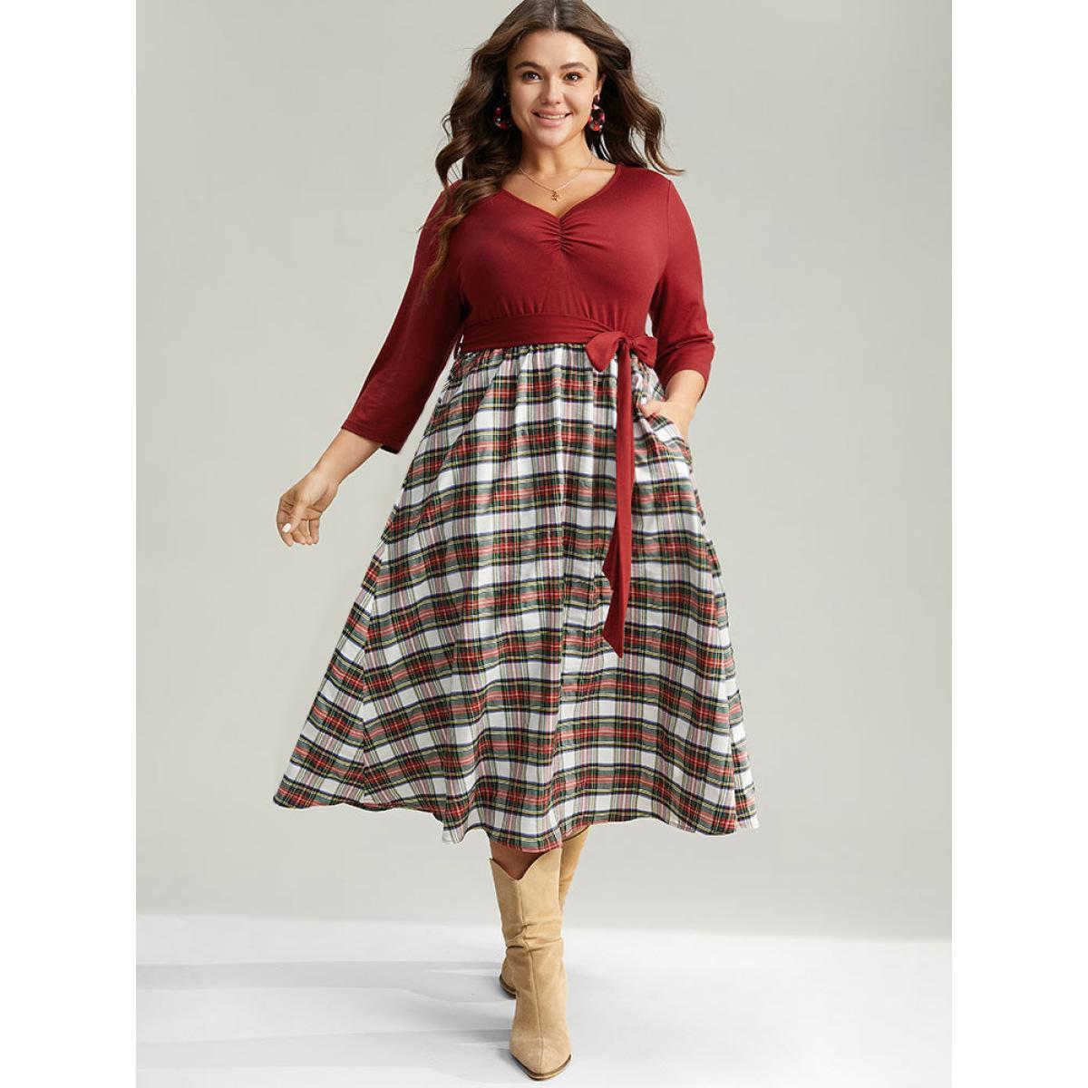 Plus Size Christmas Plaid Patchwork Ruched Belted Dress Red Women Work From Home Gathered V-neck Elbow-length sleeve Curvy Midi Dress BloomChic 30/6X Product Image