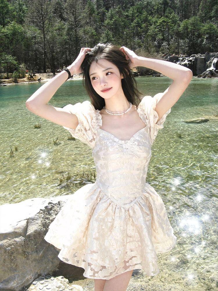 Puff-Sleeve Square-Neck Mini A-Line Lace Dress Product Image