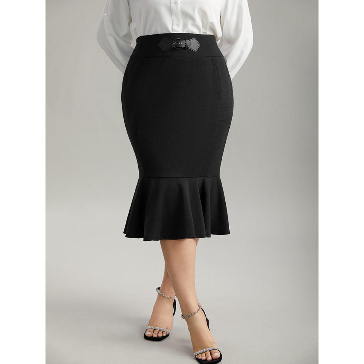 Plus Size Plain Ruffles Buckle Detail Mermaid Hem Skirt Women Black Office Style accents Bodycon Medium stretch Work Skirts BloomChic 12/L Product Image
