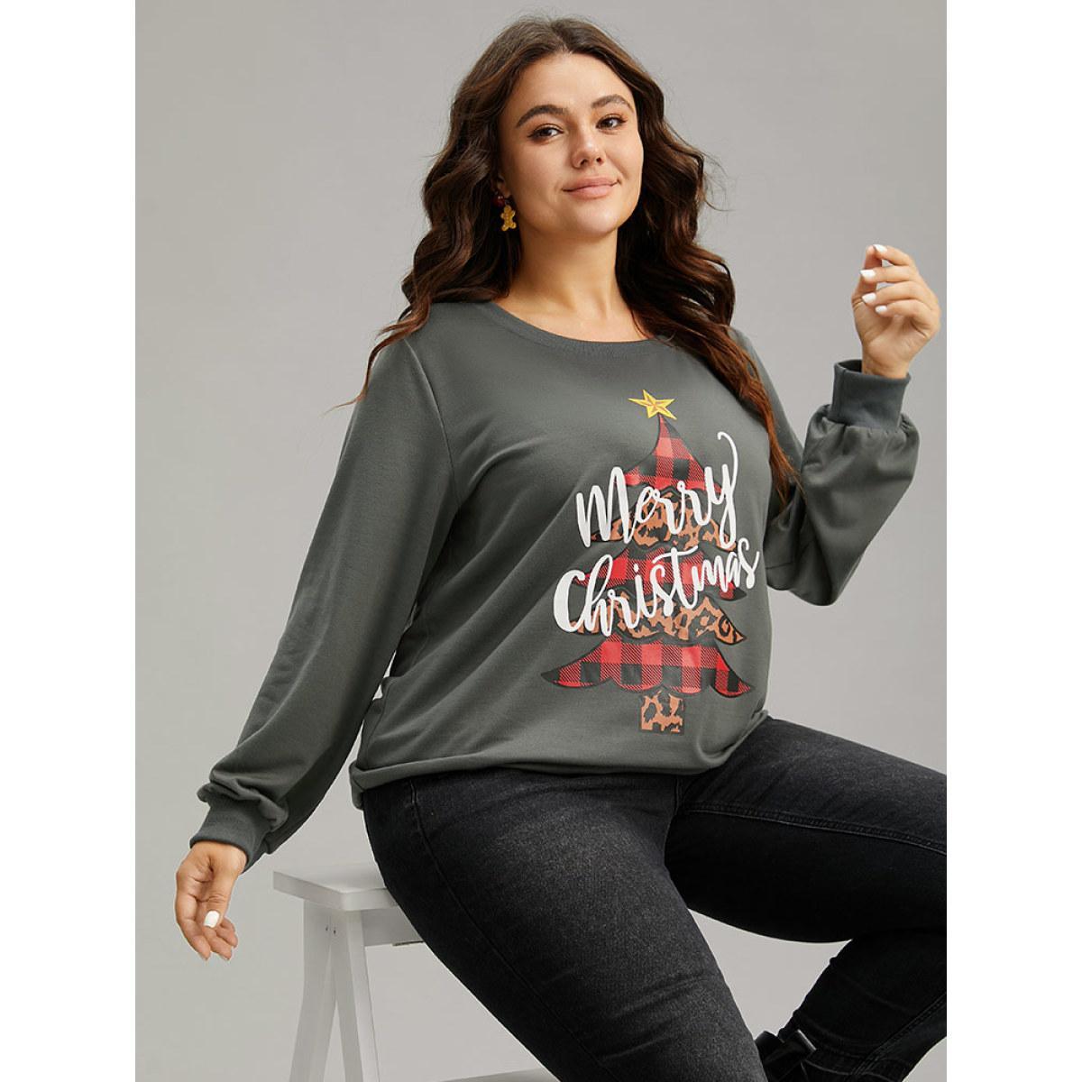 Plus Size Christmas Trees Round Neck Rib Knit Sweatshirt Women Gray Casual Rib Knit Festival-Christmas Sweatshirts BloomChic 28/5X Product Image