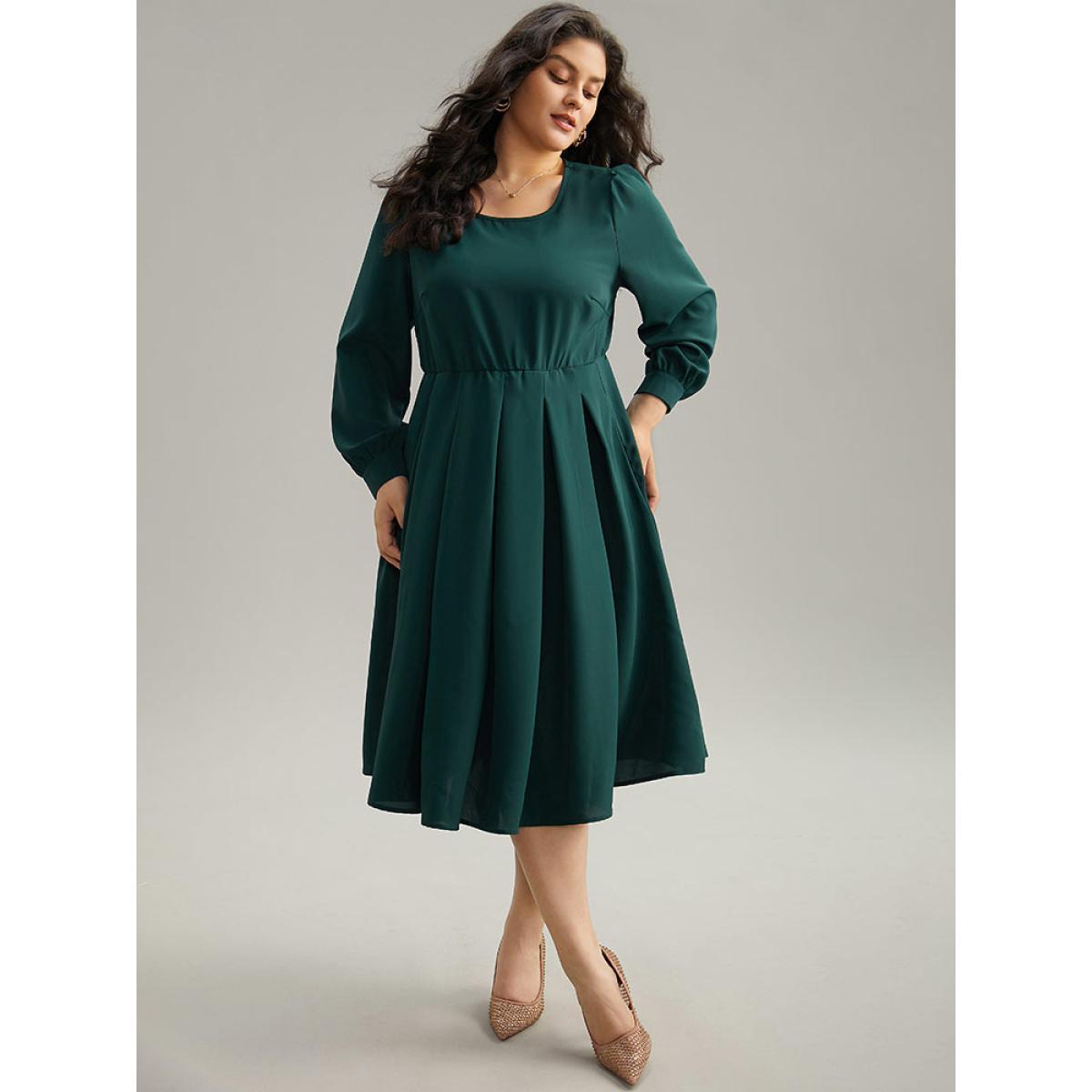 Plus Size Static-Free Plain Pleated Pocket Dress DarkGreen Women Elegant Plain Round Neck Long Sleeve Curvy Midi Dress BloomChic 10/M Product Image
