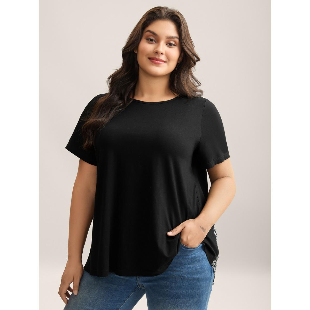 Plus Size Paisley Print Crew Neck Spliced T-Shirt Black Women Contrast Round Neck Everyday-Casual T-shirts BloomChic 12/L Product Image