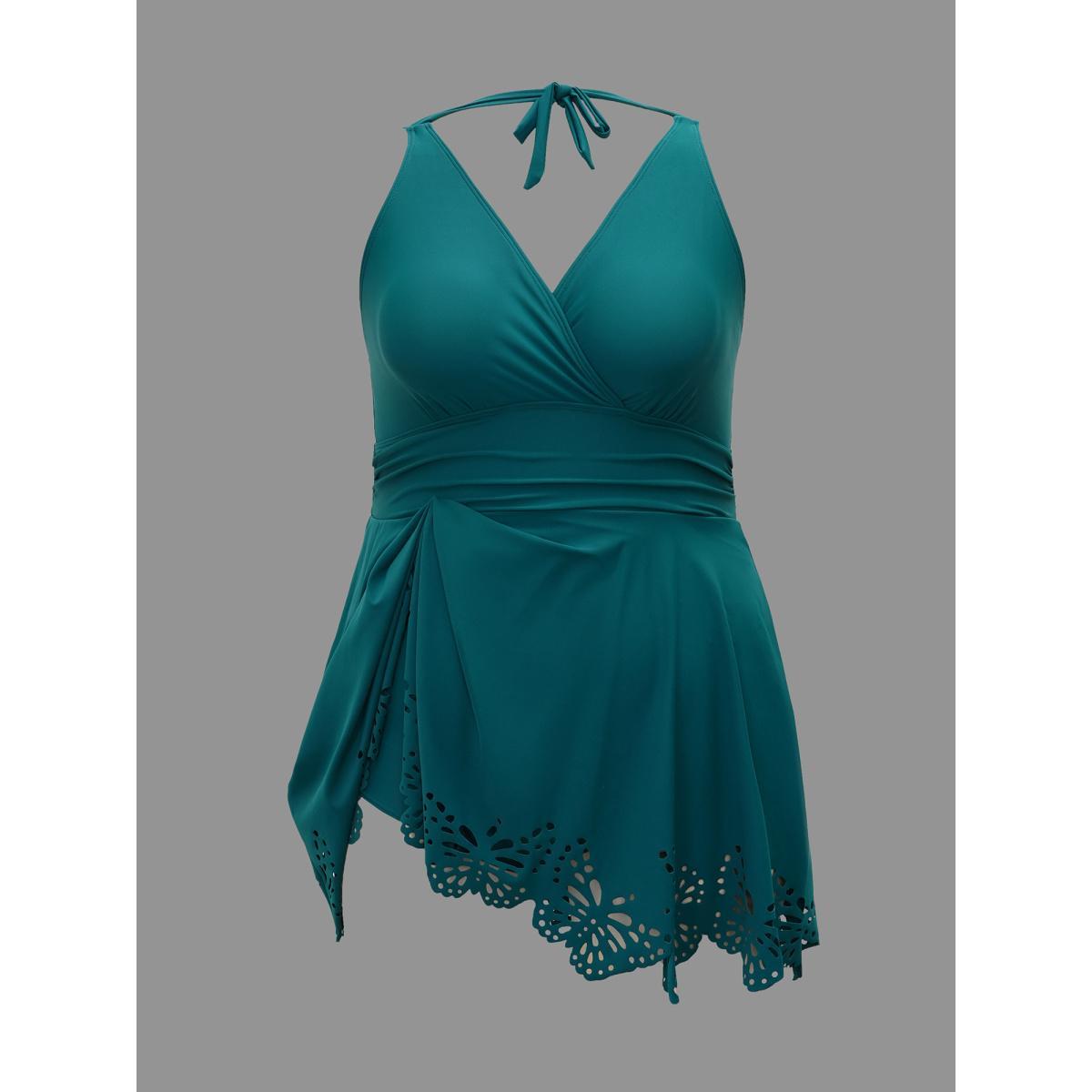 Plus Size Laser Cut Overlap Collar Waist-Cinched Swim Dress Women's Swimwear Cyan Beach Bodycon Overlap Collar High stretch Curve Swim Dresses BloomChic 22-24/3X Product Image