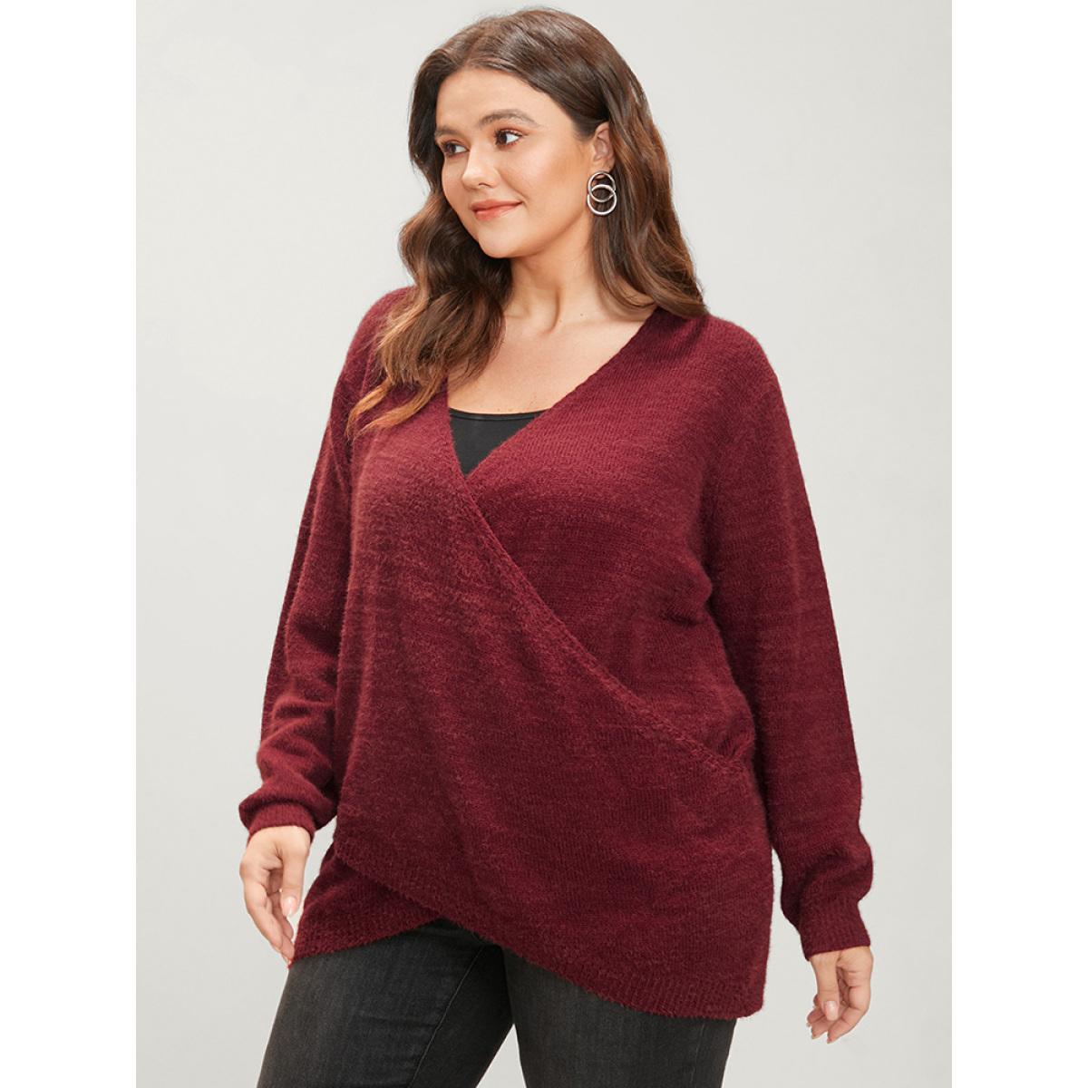 Plus Size Solid Soft Plush Knit Crossover Hem Knit Top Scarlet Women Elegant Loose Long Sleeve Overlap Collar Dailywear Pullovers BloomChic 26/4X Product Image