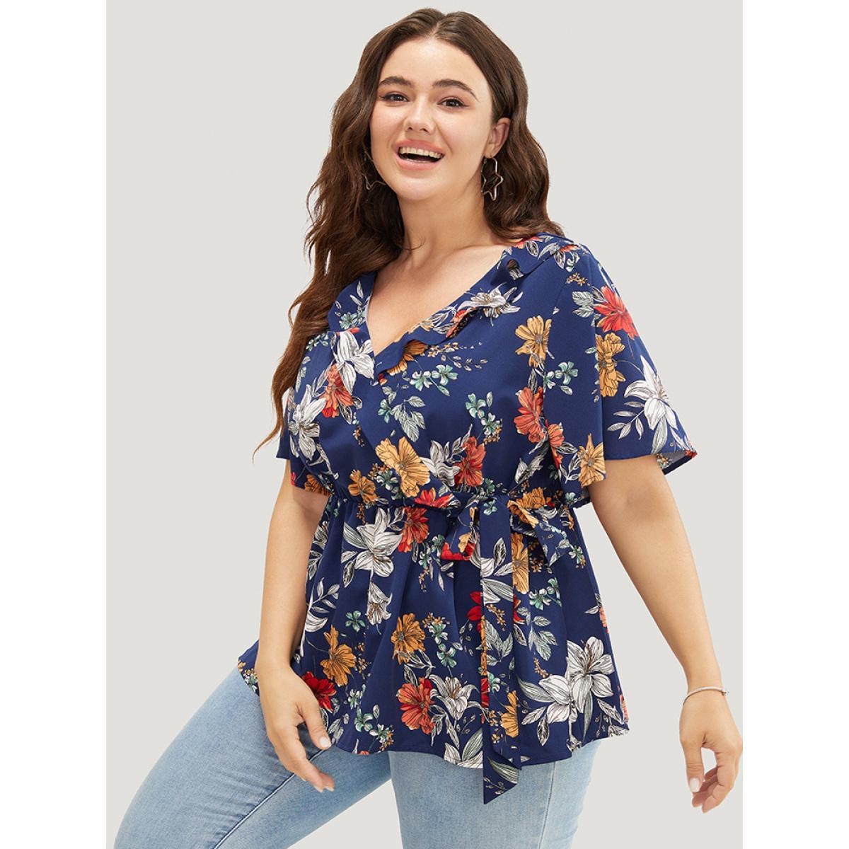 Plus Size Indigo Floral Ruffle Trim Knot Side Wrap Blouse Women Elegant Short sleeve V-neck Dailywear Blouses BloomChic 14-16/1X Product Image