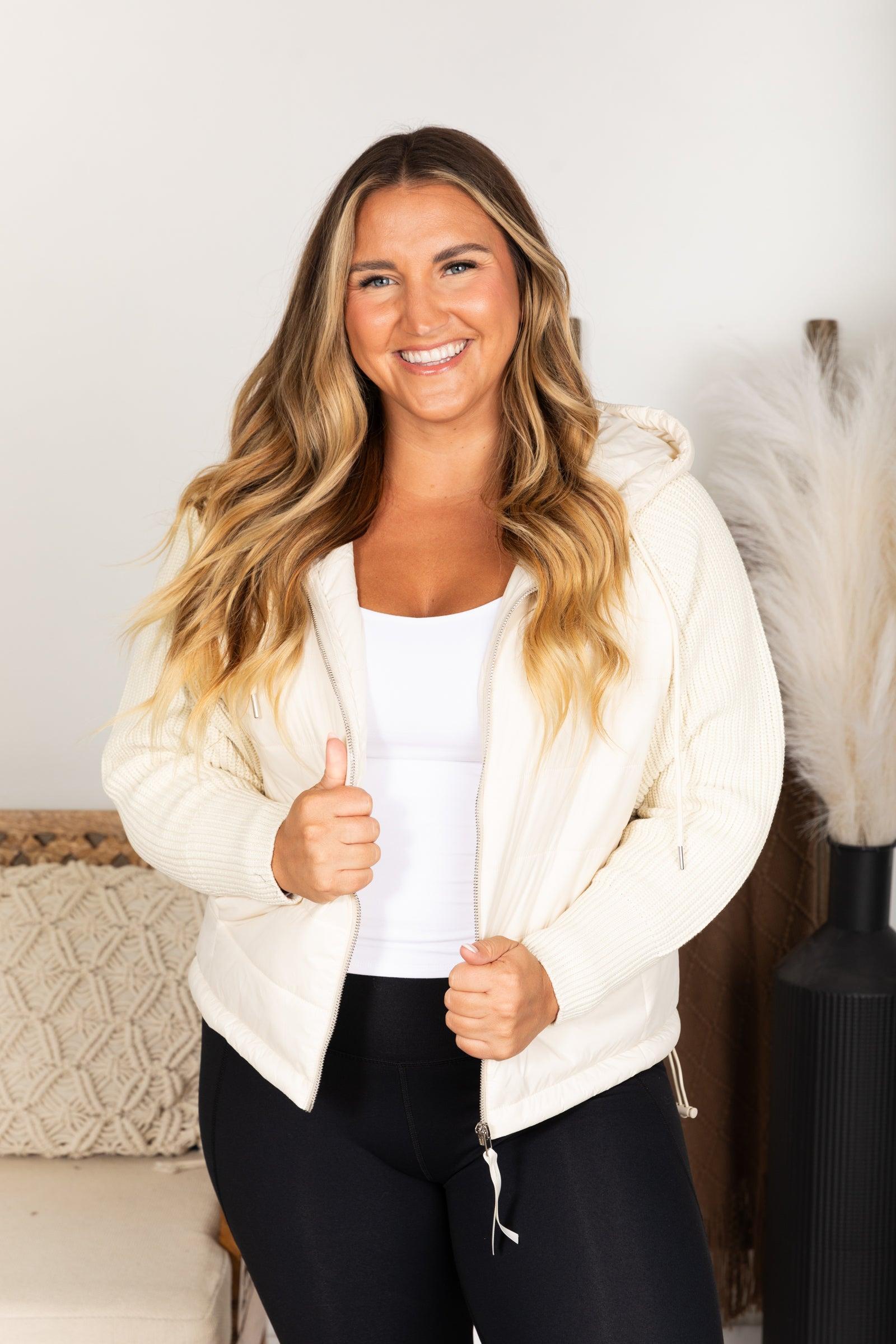 Natural Nylon And Knit Hybrid Zip-Up Jacket Product Image