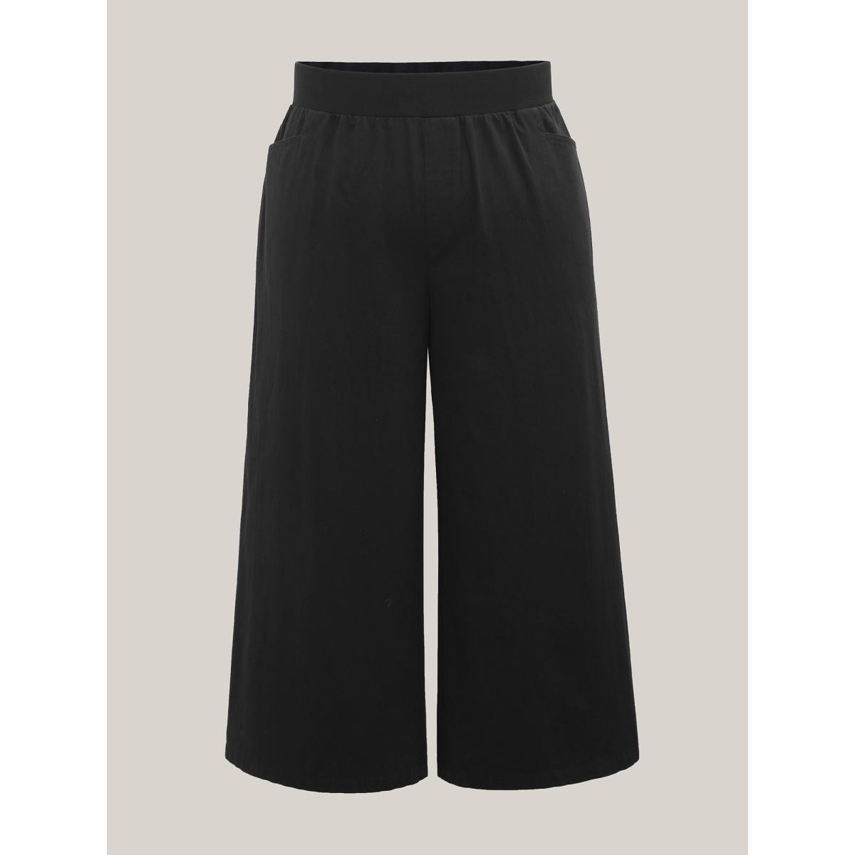 Plus Size Cotton Threaded Spliced Wide-Leg Pants Women Black Casual Wide Leg Mid Rise Everyday-Casual Pants BloomChic 22-24/3X Product Image