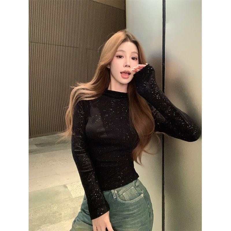 Long Sleeve Round Neck Glitter Slim Fit Tee Product Image