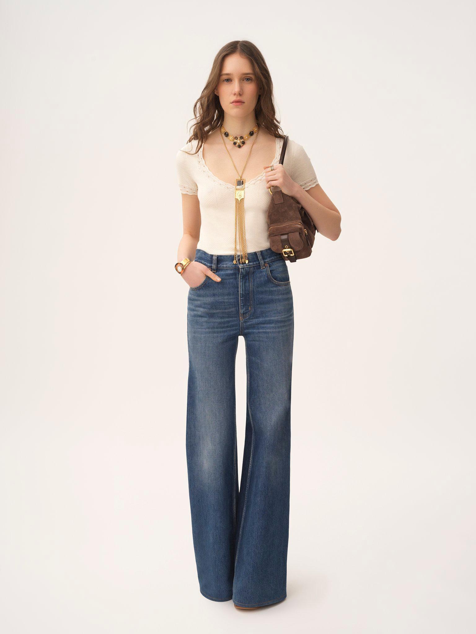 Scoop-neck fitted top in a wool knit & lace Product Image