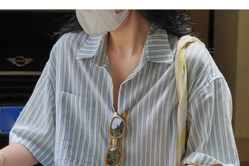 Elbow-Sleeve Striped Button-Up Shirt Product Image