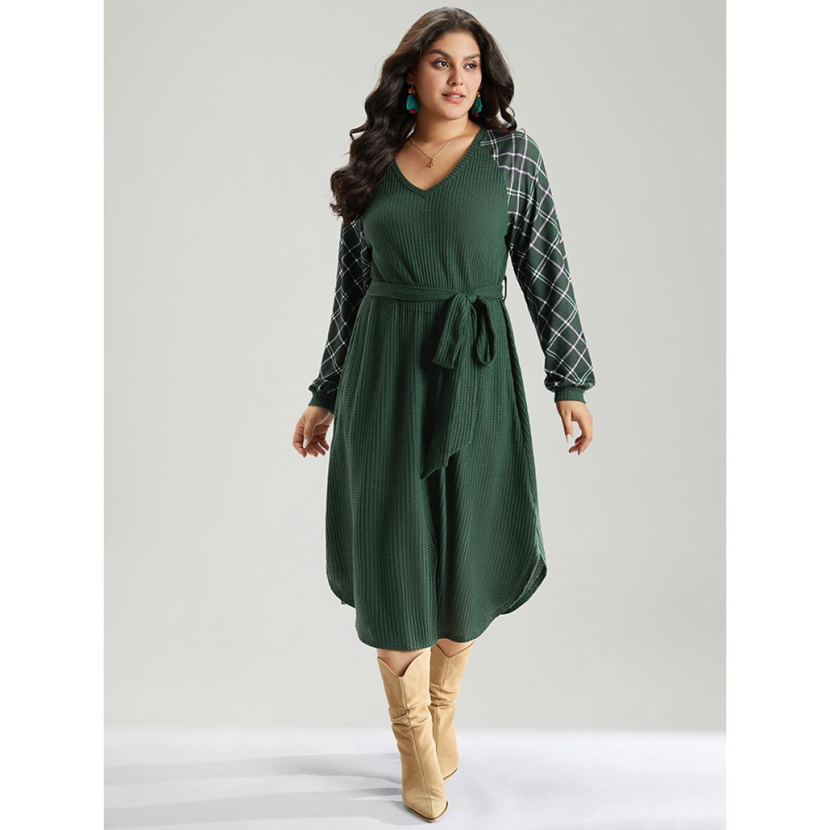 Plus Size Waffle Knit Plaid Patchwork Belted Dress DarkGreen Women Elegant Belted V-neck Long Sleeve Curvy Midi Dress BloomChic 14-16/1X Product Image