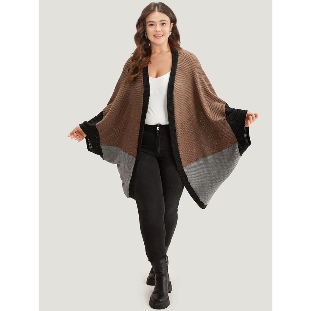 Plus Size Halloween Contrast Waffle Knit Batwing Sleeve Kimono Women DarkBrown Casual Texture Dailywear Kimonos BloomChic 12/L Product Image