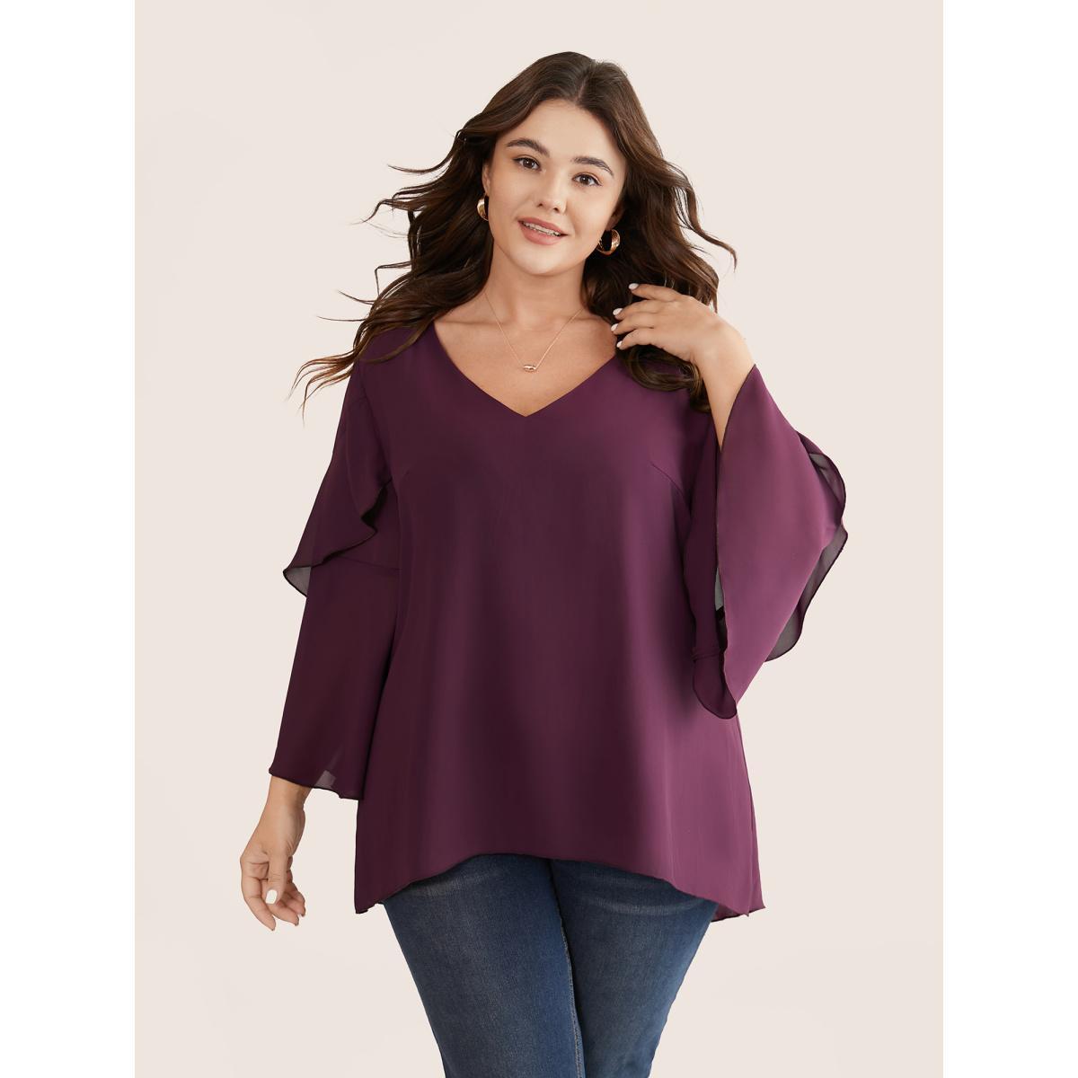 Plus Size Purple Anti-Wrinkle Tiered Flounce Sleeve Chiffon Blouse Women Elegant Elbow-length sleeve V-neck Everyday Blouses BloomChic 28/5X Product Image