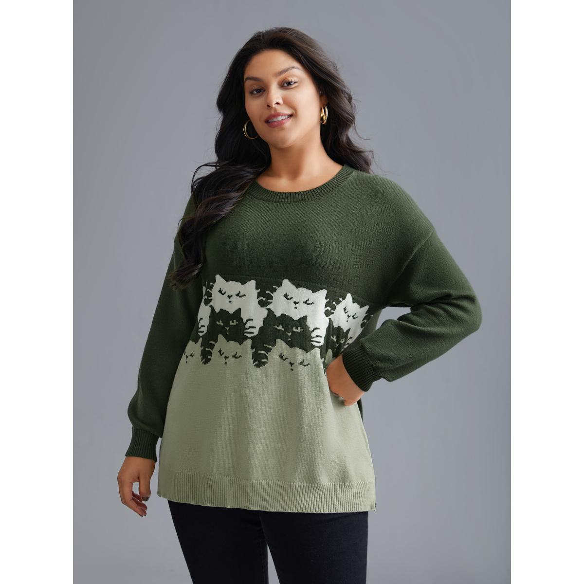Plus Size Cat Contrast Drop Shoulder Pullover ArmyGreen Women Casual Loose Long Sleeve Round Neck Everyday Pullovers BloomChic 28/5X Product Image