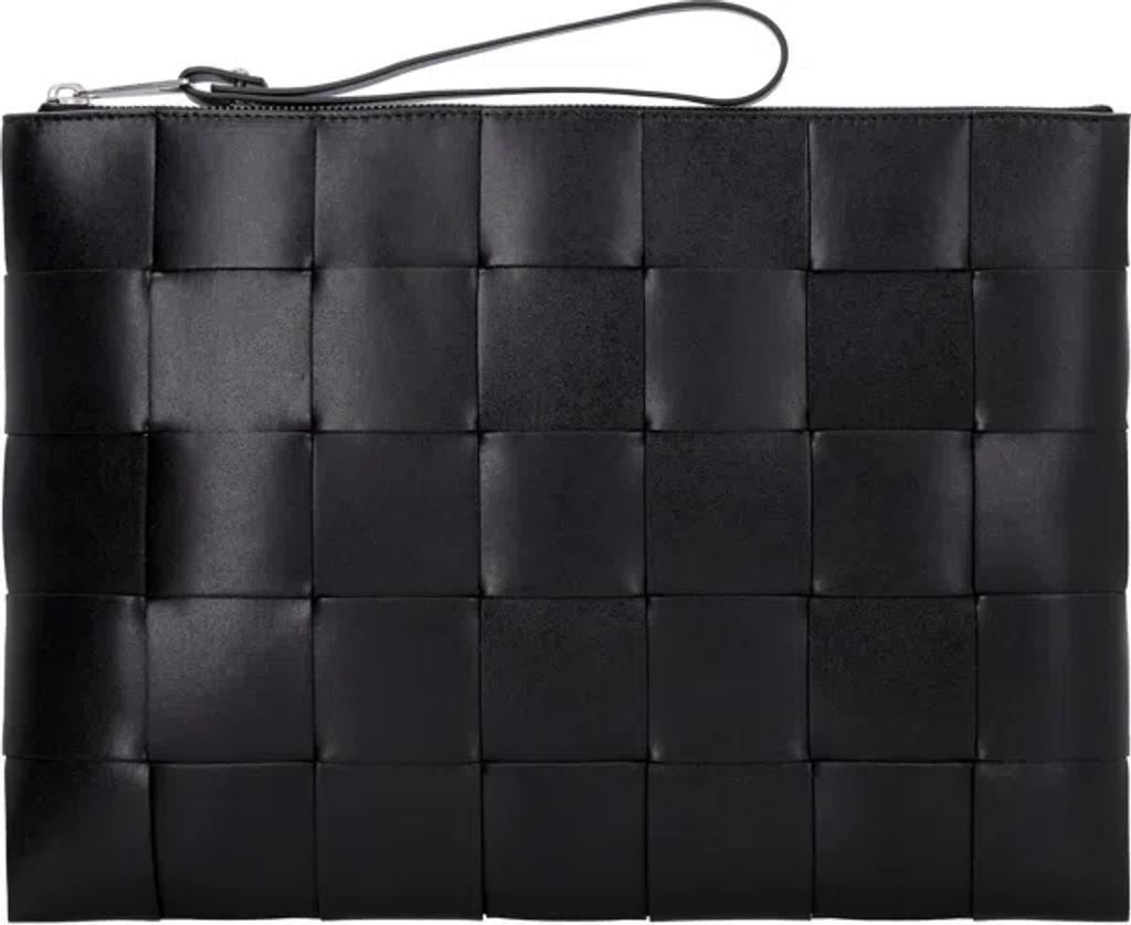 BOTTEGA VENETA Black Woven Leather Pouch Handbag For Men Product Image