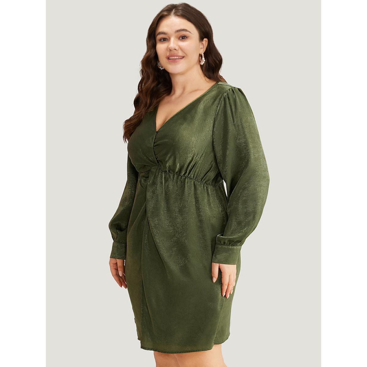 Plus Size Solid Wrap Twist Front Elastic Waist Dress ArmyGreen Women Office Plain V-neck Half Sleeve Curvy Knee Dress BloomChic 28/5X Product Image