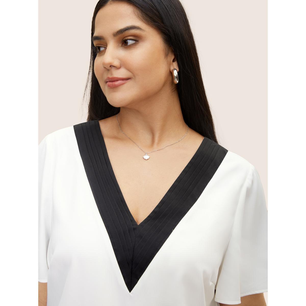 Plus Size WhiteSmoke Contrast Trim Pleated Flutter Sleeve Blouse Women At the Office Short sleeve V-neck Work Blouses BloomChic 22-24/3X Product Image
