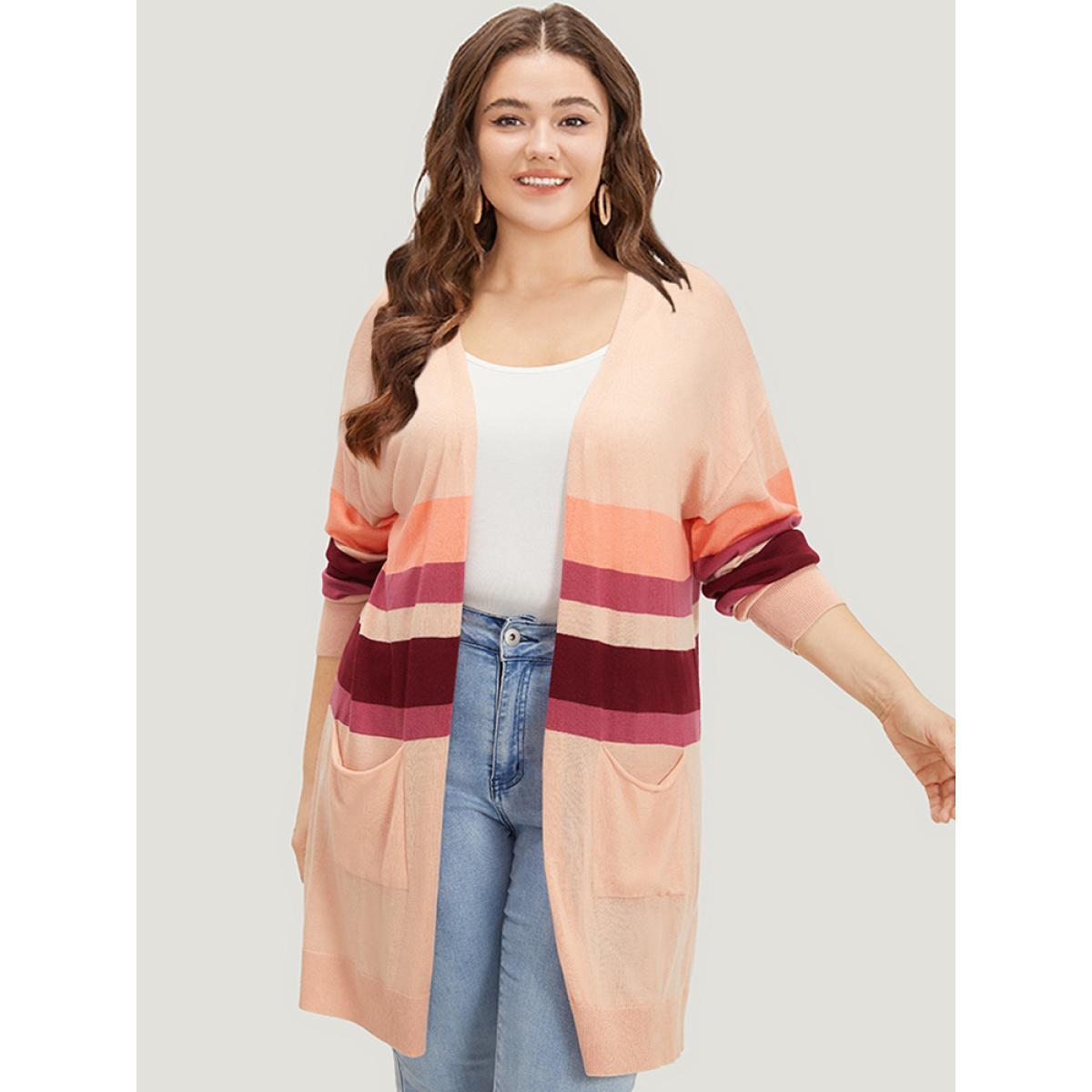 Plus Size Supersoft Essentials Colorblock Open Front Tunic Pocket Cardigan DustyPink Women Casual Loose Long Sleeve Everyday Cardigans BloomChic 28/5X Product Image