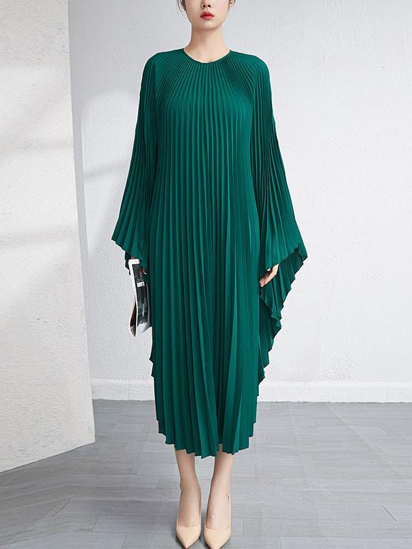 Batwing Sleeves Loose Pleated Solid Color Maxi Dresses Product Image