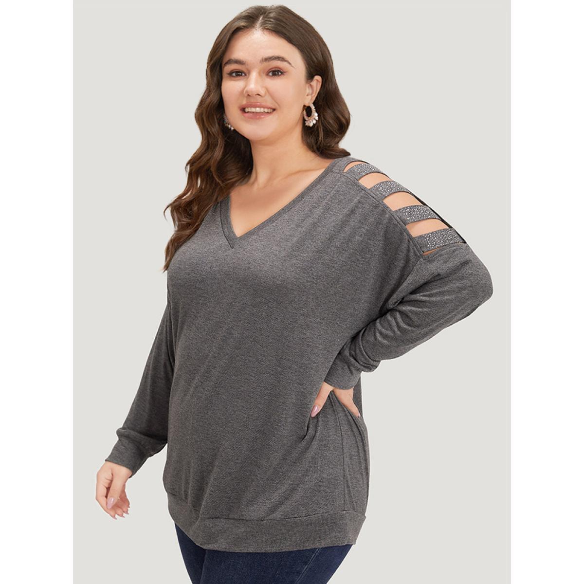 Plus Size Rhinestone Detail Hollow Out V Neck Long Sleeve T-shirt DimGray Women Casual Cut-Out Plain V-neck Dailywear T-shirts BloomChic 26/4X Product Image