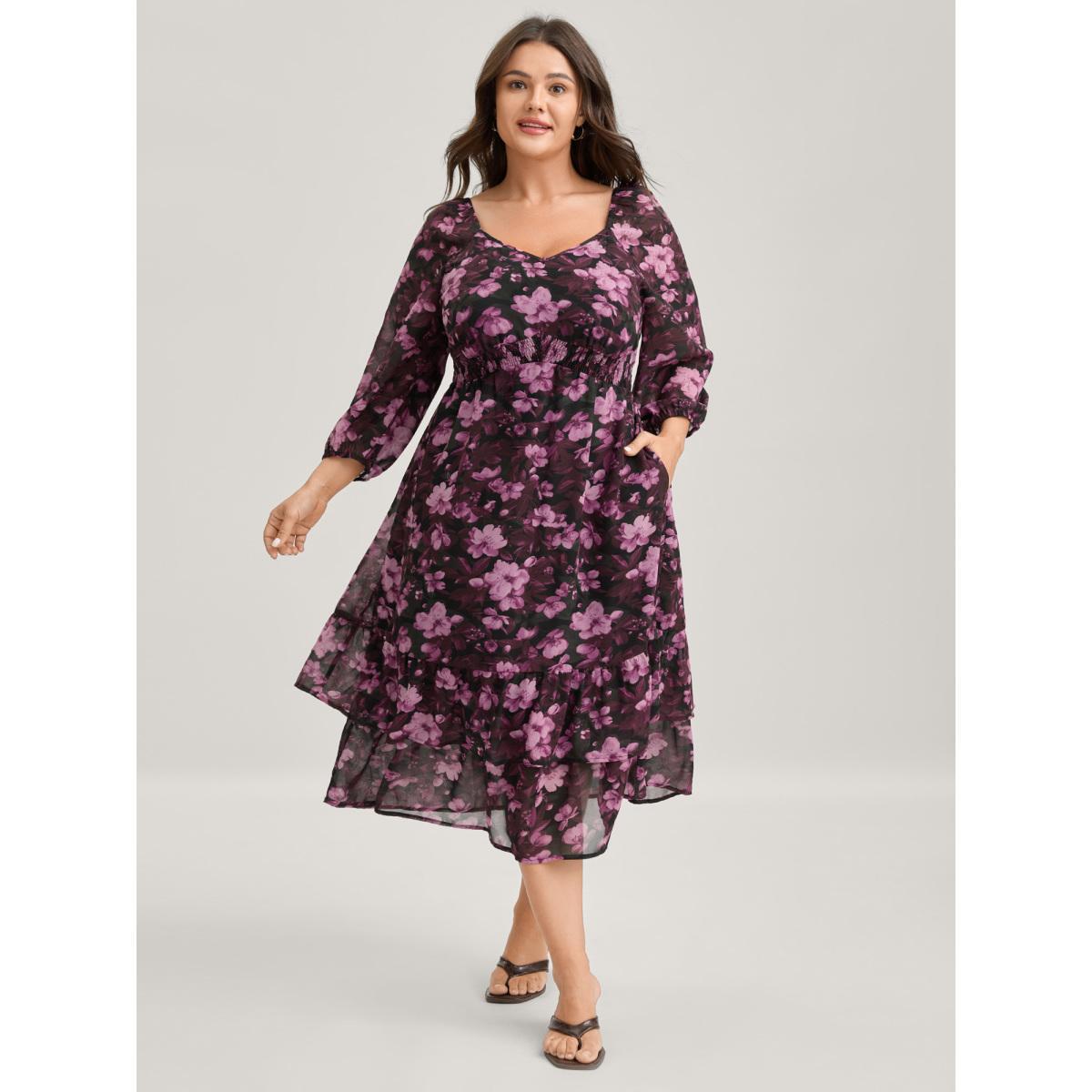 Plus Size Large Floral Print Shirred Waist Midi Dress Deeppurplered Women Shirred Heart neckline Elbow-length sleeve Curvy BloomChic 28/5X Product Image