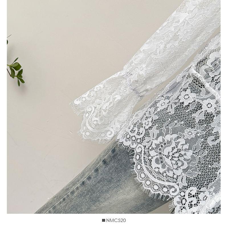 Bell-Sleeve V-Neck Sheer Lace Shirt Product Image