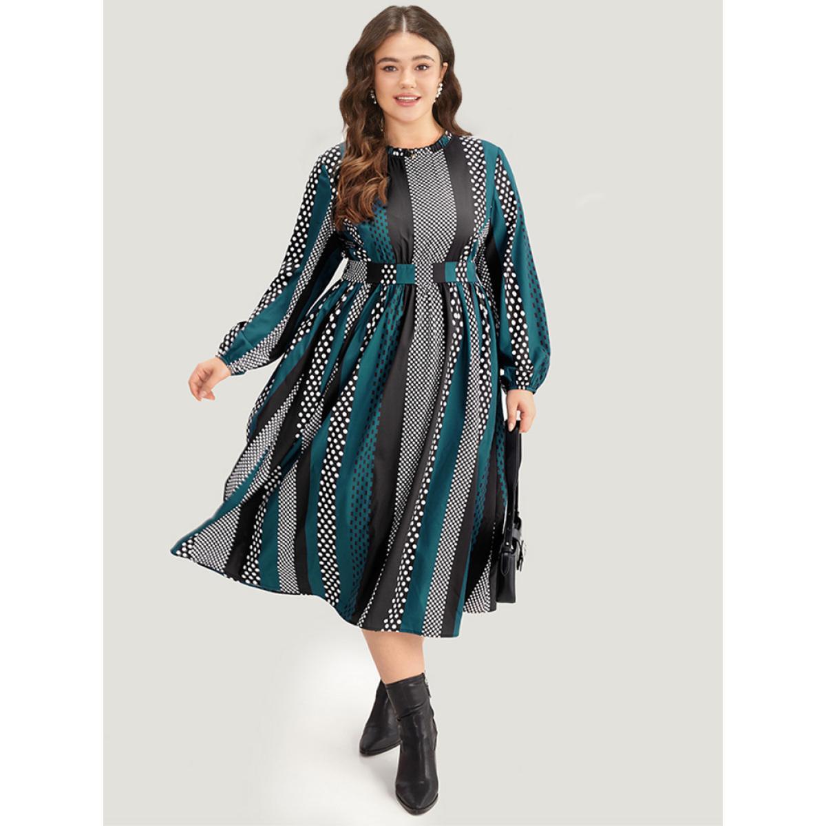 Plus Size Polka Dot Patchwork Striped Pleated Lantern Sleeve Dress Aegean Women At the Office Elastic cuffs Round Neck Long Sleeve Curvy Midi Dress BloomChic 28/5X Product Image